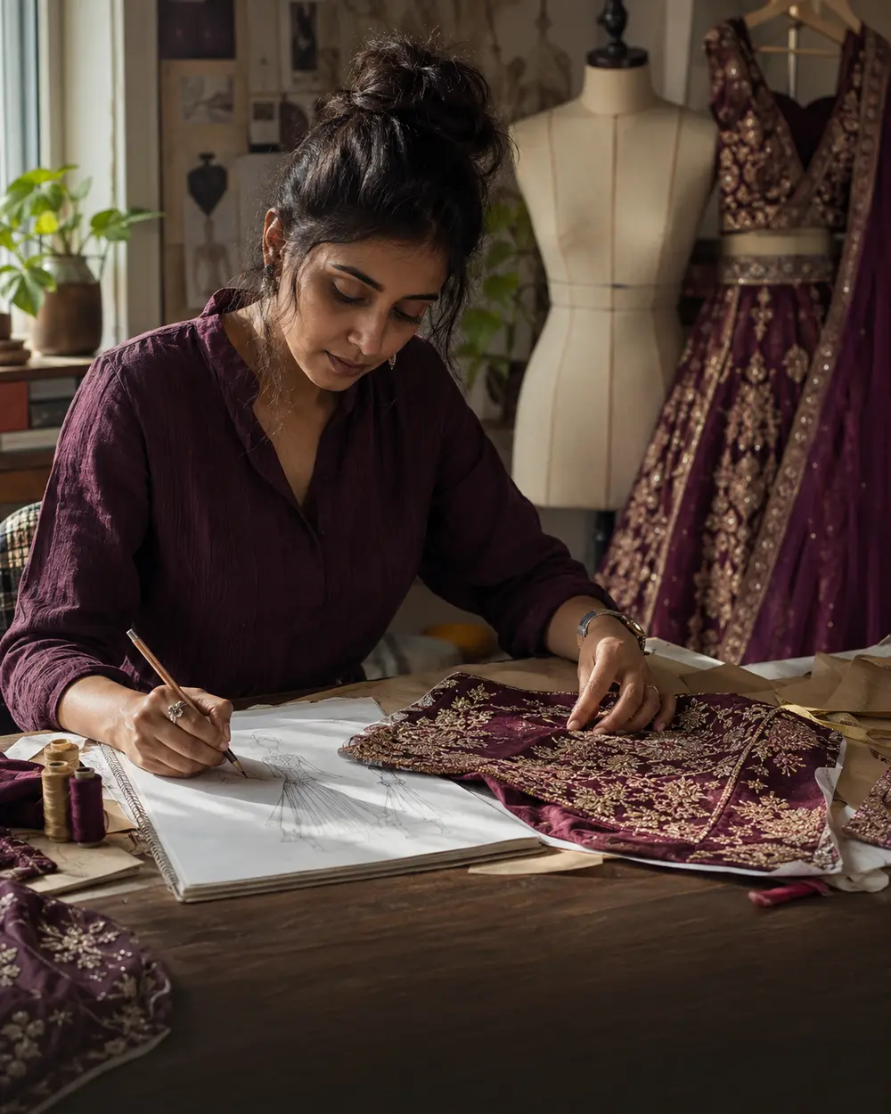 Indian fashion designer sketching beside embroidered fabric