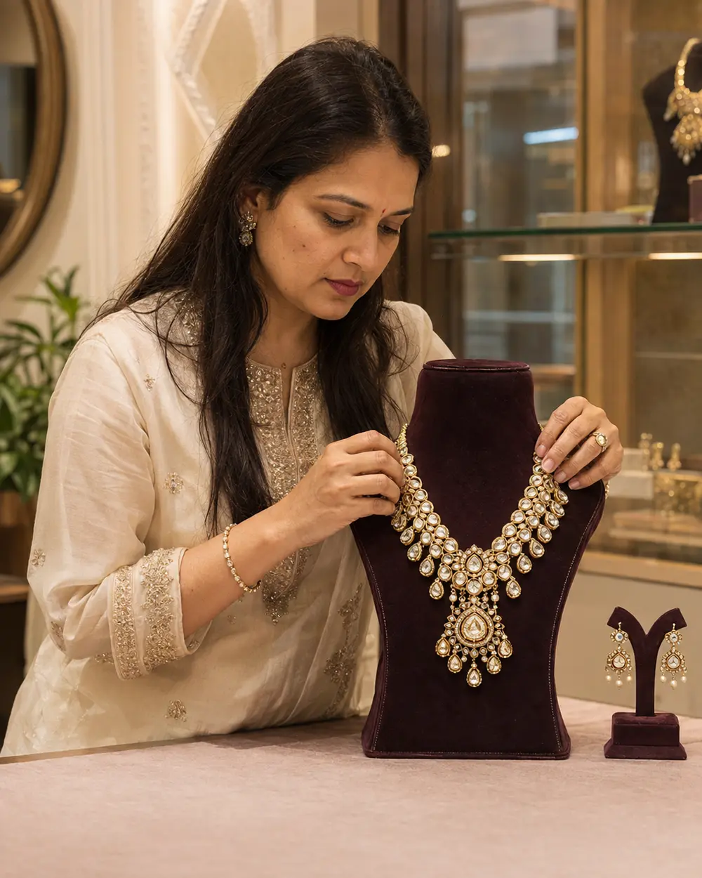 Indian jewellery seller arranging a kundan wedding necklace