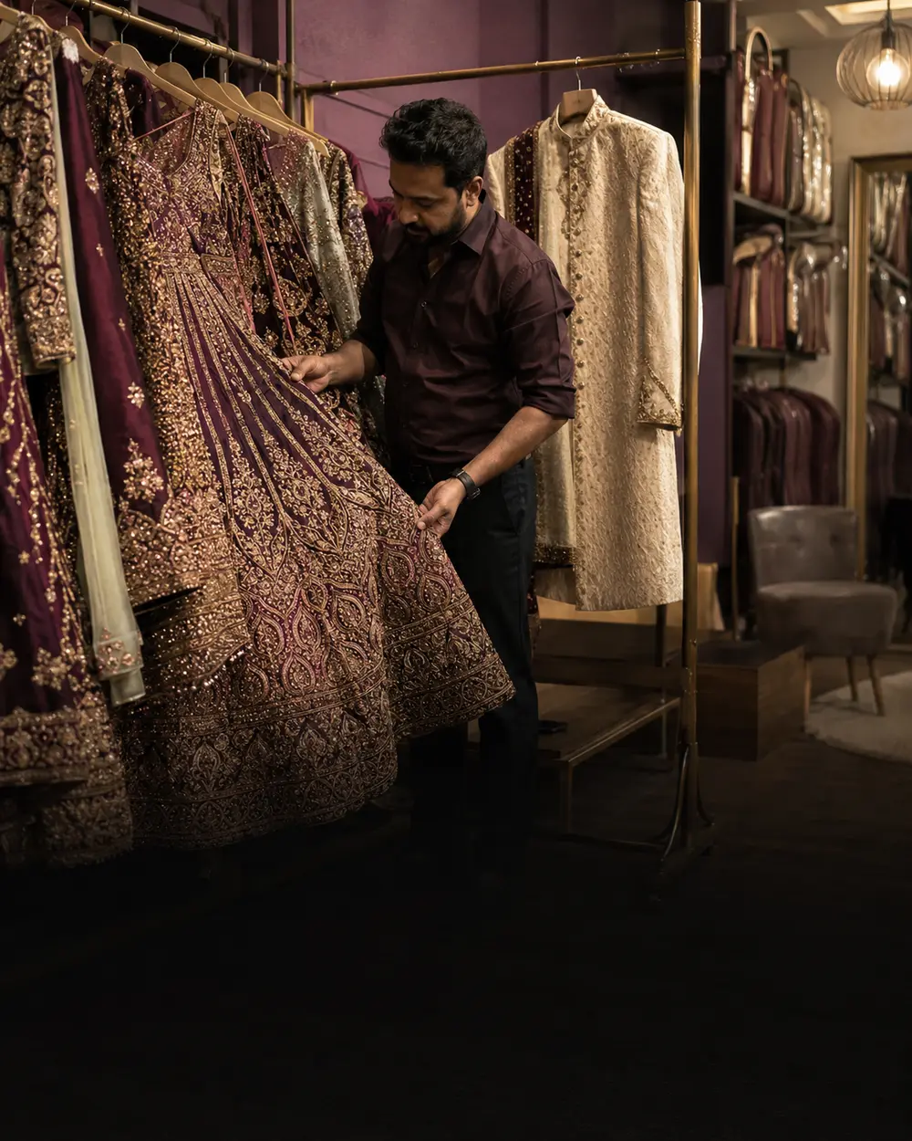 Indian wedding-fashion rental owner checking a lehenga