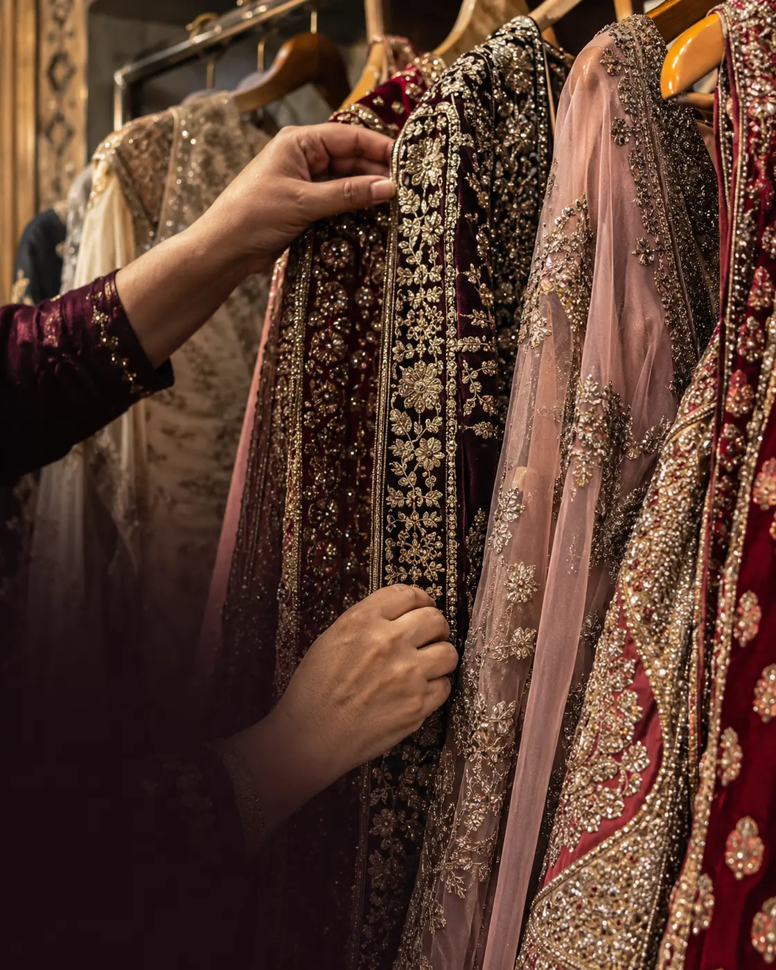 Boutique owner arranging embroidered Indian wedding garments