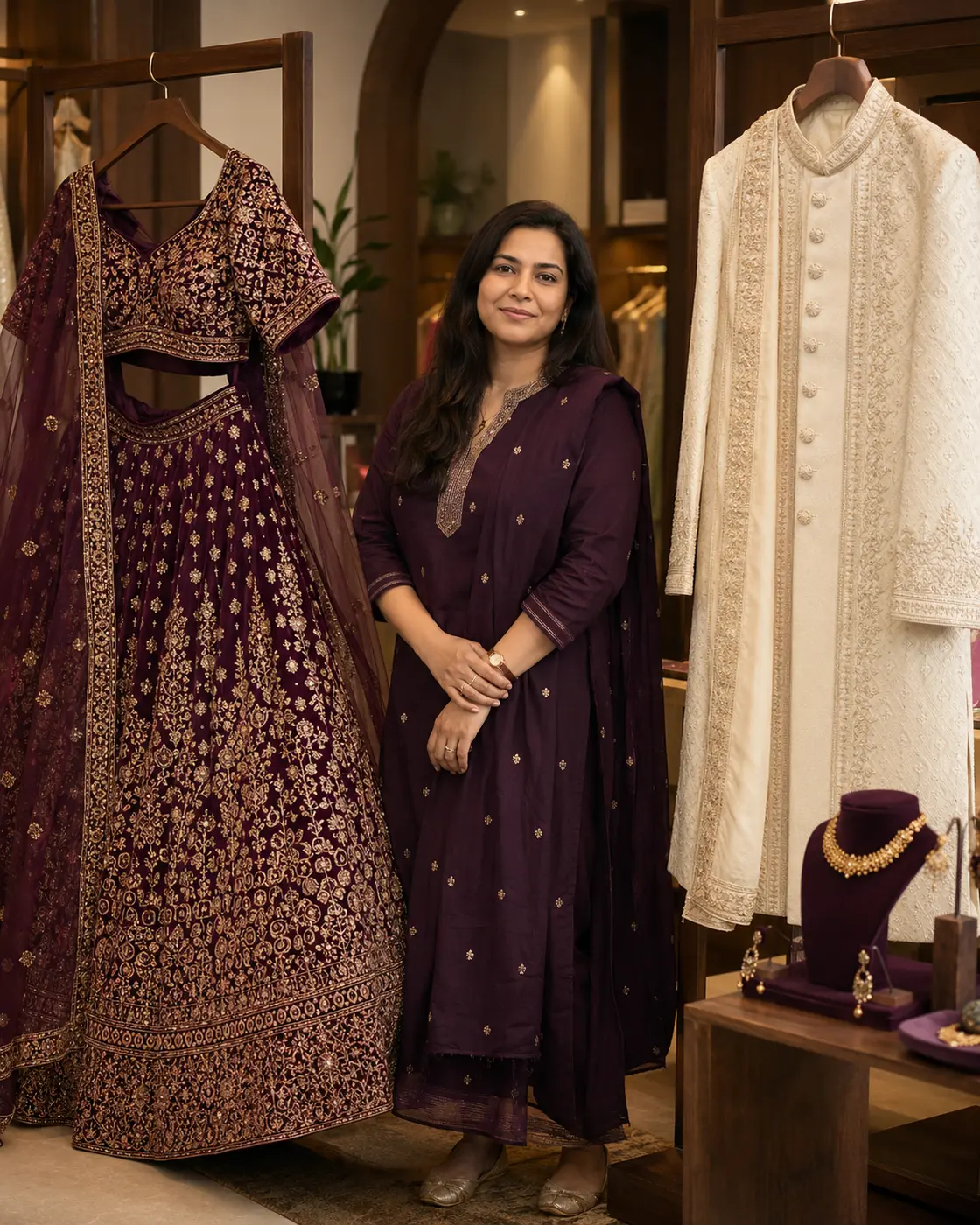 Indian wedding-fashion boutique owner beside a bridal lehenga and ivory sherwani
