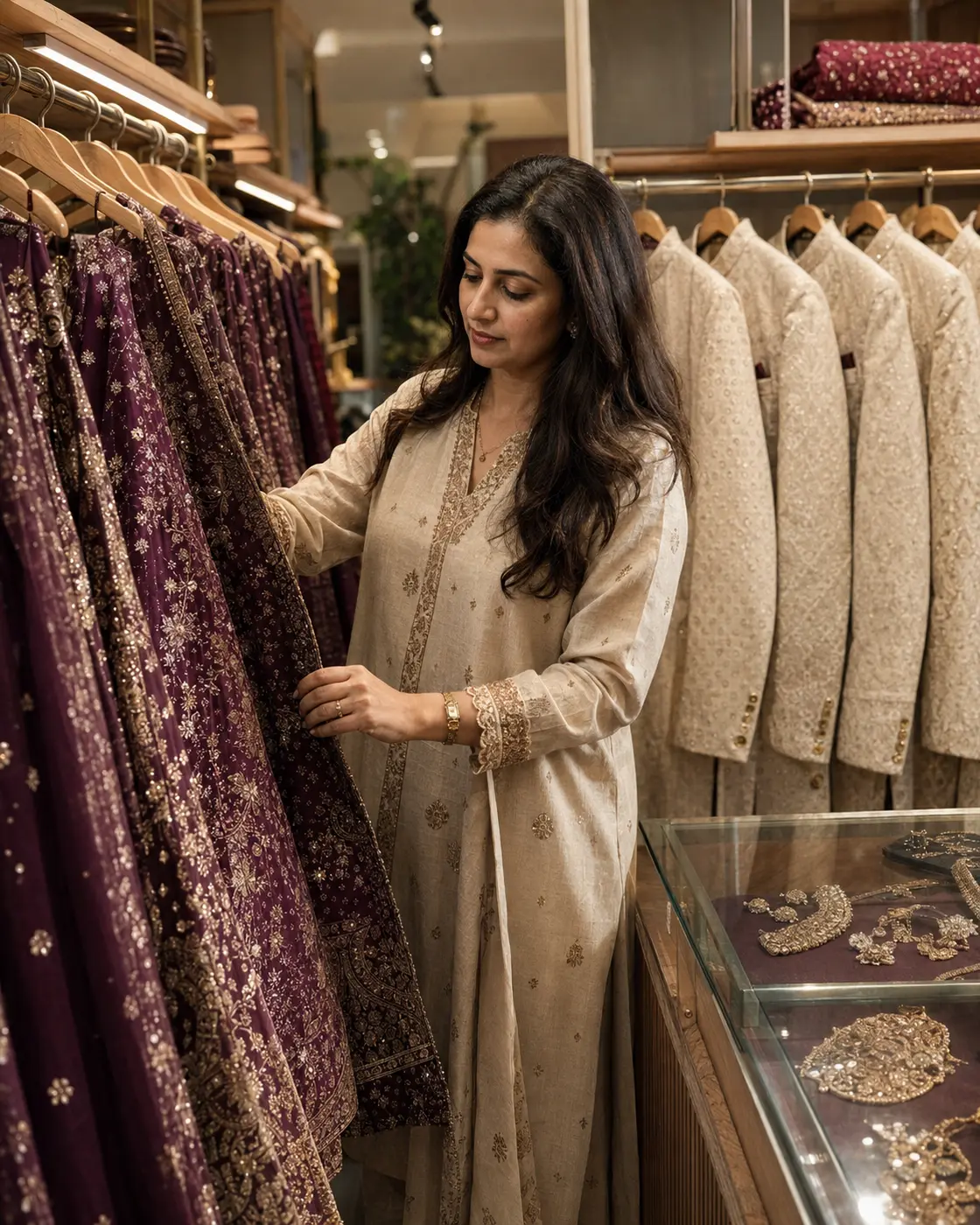 Indian wedding-fashion seller reviewing her boutique collection